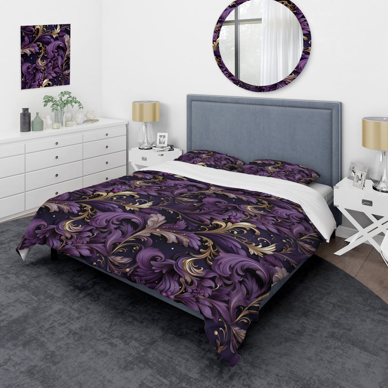 Glamorous Gold And Purple Damask Pattern III - Ensemble de housse de couette en marbre