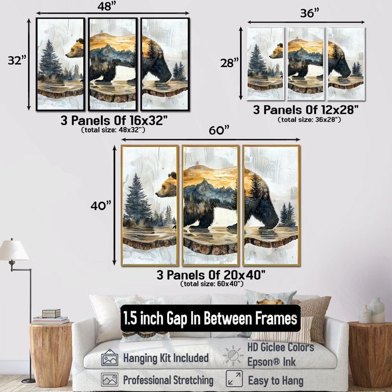 Double exposition ours dans le lac III - art mural ours - ensemble de 3, H 28 po x l 36 po, Brun