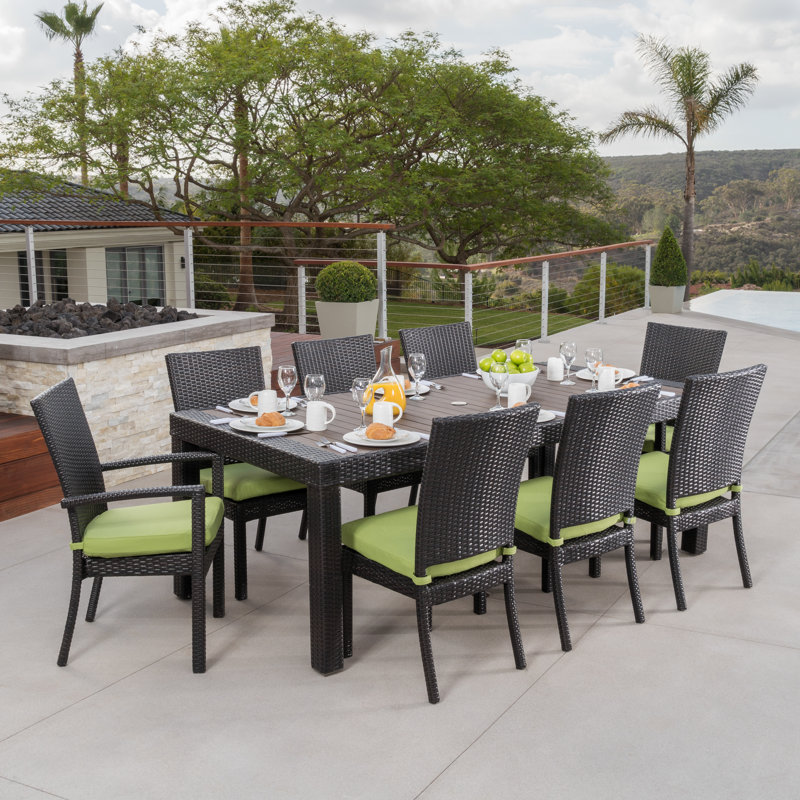 Cannes 9 Piece Dining Set with Cushions, Brown/Black Frame/Stone Gray Canvas Cushion