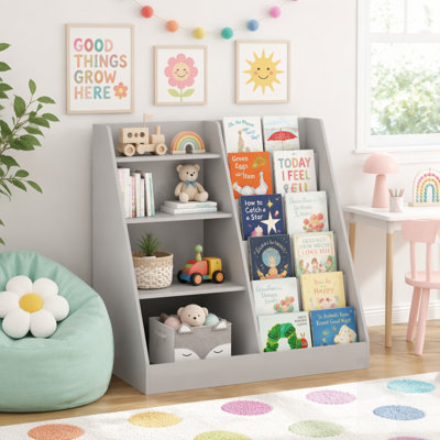 Kids Bookshelf and Toy Storage Organizer, Multifunctional 4 Tier Wooden Shelf with Display Stand for Playroom Nursery