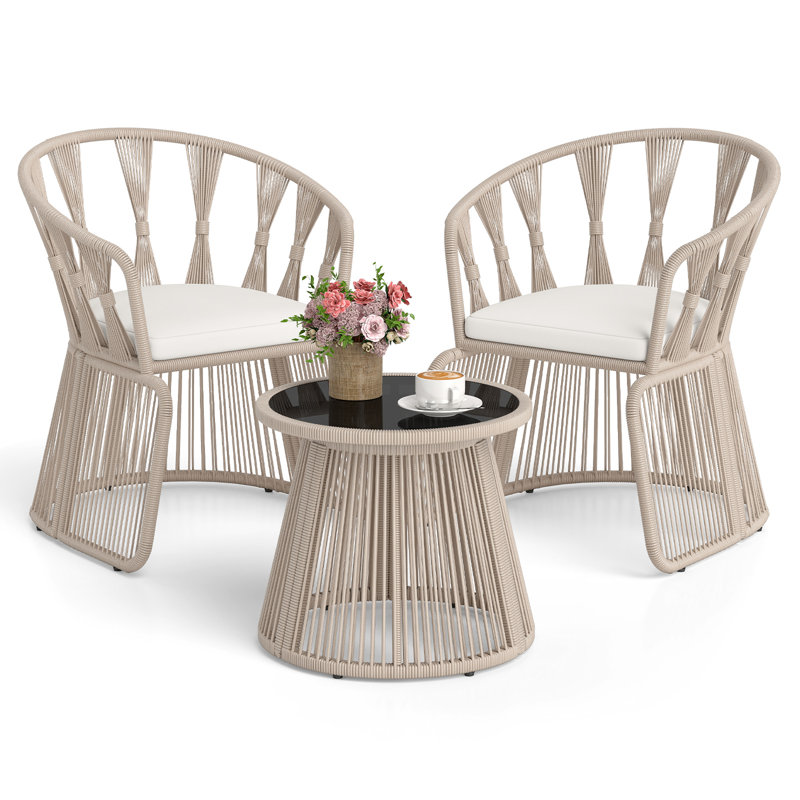 3 Piece Patio Leisure Chair Set Rope-Woven Armchairs & Table Set