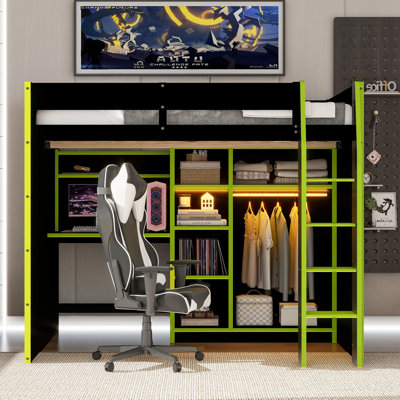 Full Size Wood Loft Bed with Desk, Open Wardrobe, Storage Compartments, and RGB Lights for Gamers and Remote Workers