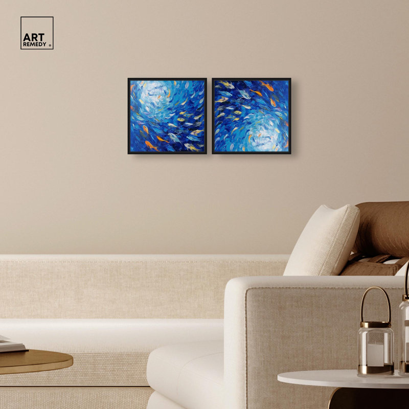 Sea of Vibrant Tides Set Canvas Flowy Abstracts by Art Remedy, Black Framed, 13" H x 13" W