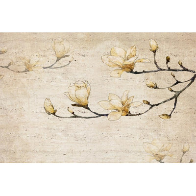 Golden Magnolia Branch Watercolor Wall Mural for Home Decor