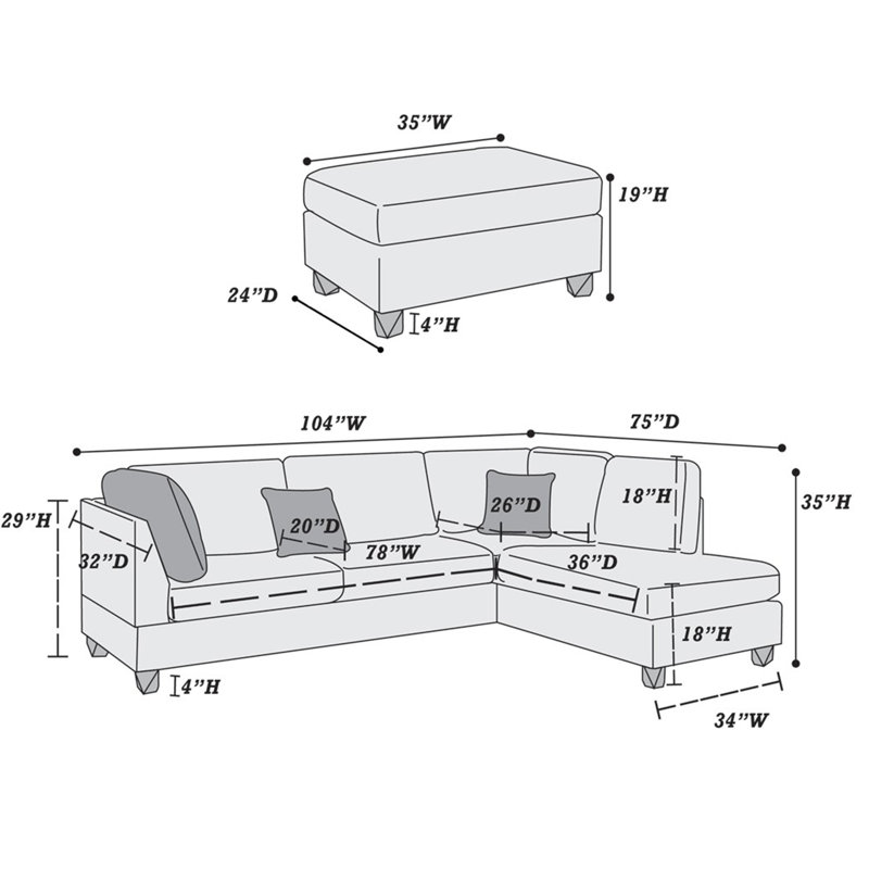 Canapé modulaire réversible en polyfibre avec revêtement gris pour un espace de vie contemporain, siège en forme de L à 3 places, avec coussins décoratifs, chambre classique en pin massif et sièges, avec structure en mousse décorative