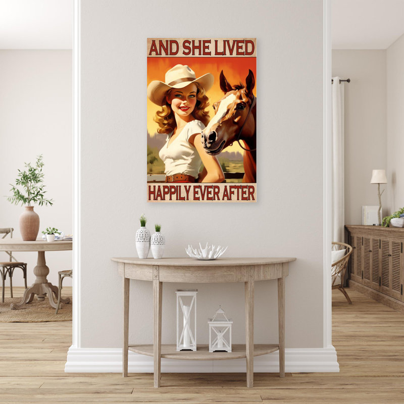 Cowgirls And She Lived Happily - 1 pièce, reproduction d'art graphique sur toile tendue _0405, H 14 po x l 11 po x P 1,25 po