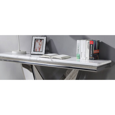 Modern Style 1Pc Table With 18Mm Beveled Faux Marble Top, Stainless Steel V-Shape Pedestal, Rectangular Base, Manageable Surface Elegant Design