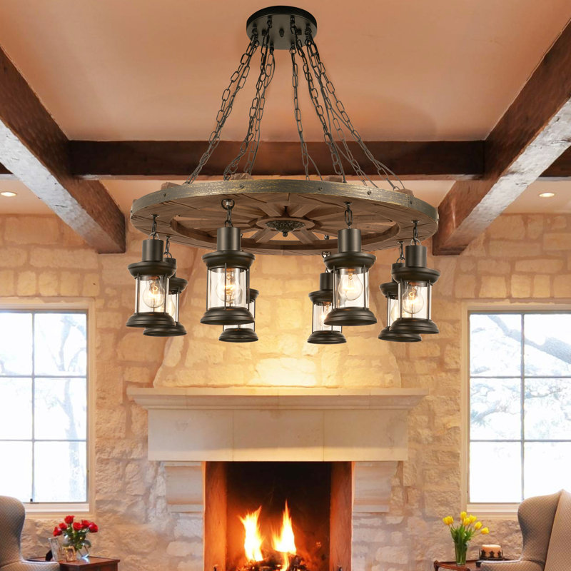 31.5 Inch Vintage 8 - Light Wooden Wagon Wheel Chandelier