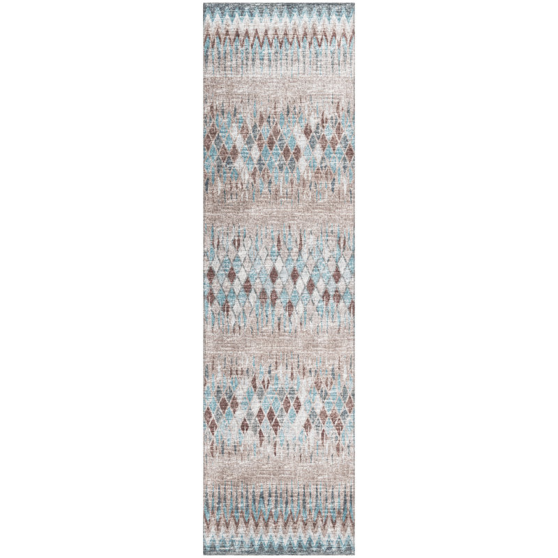 Blue and Beige Flat Woven Chenille Runner Rug