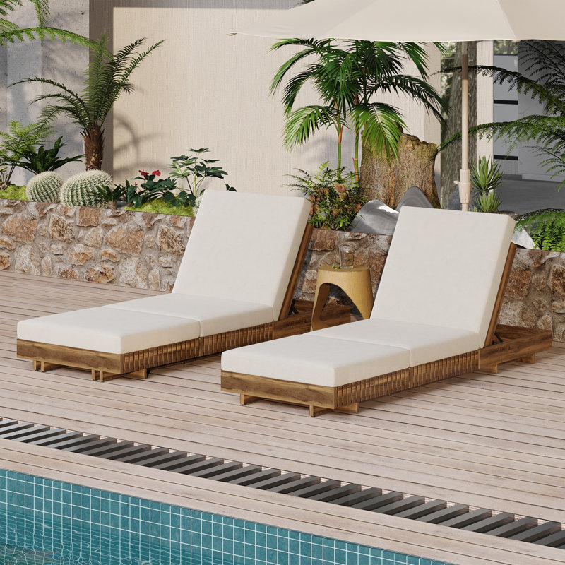 Chaises longues en bois d'acacia avec coussin moelleux et dossier réglable, Beige