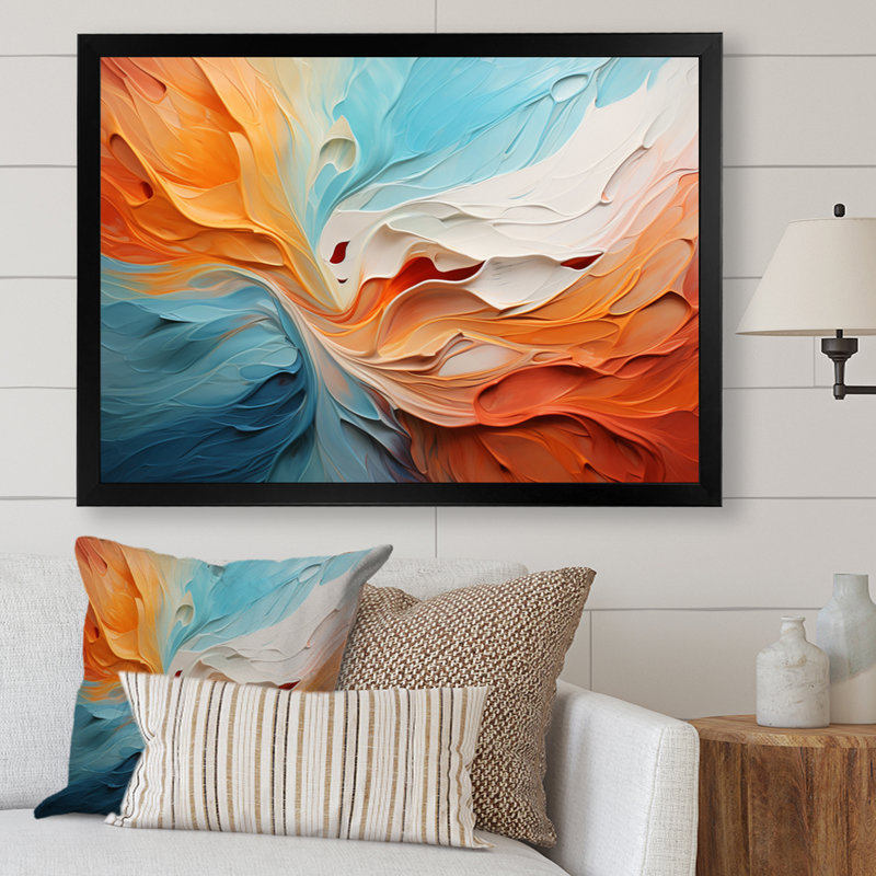 Teal Orange Bold Abstract Flow Collage I - Dams, art mural, H 24 po x l 32 po x P 1 po, Cadre simple noir