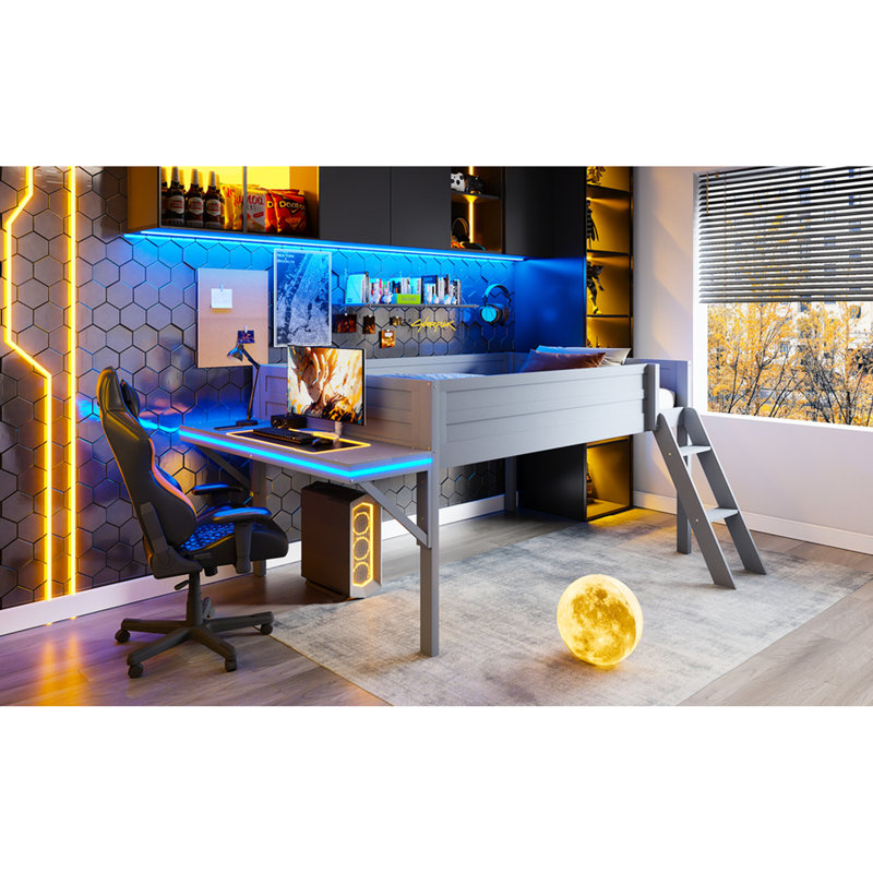 Lit mezzanine gris avec bureau et DEL - Améliore la fonctionnalité de la chambre à coucher