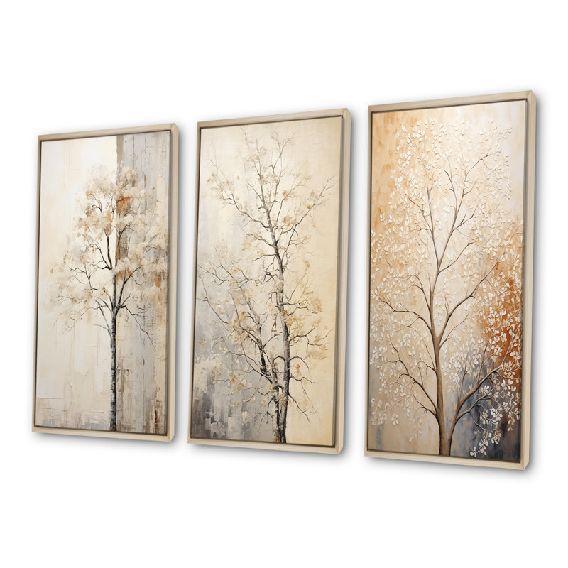 «Beige Trees Oak Solitude», ensemble de 3 reproductions d'art mural, H 40 po x l 60 po, Cadre flottant brun