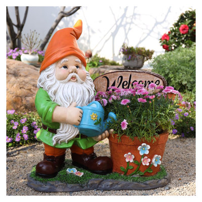 Statue de nain de jardin en résine pour l'extérieur, avec jardinière et panneau de bienvenue, décor de jardin orange