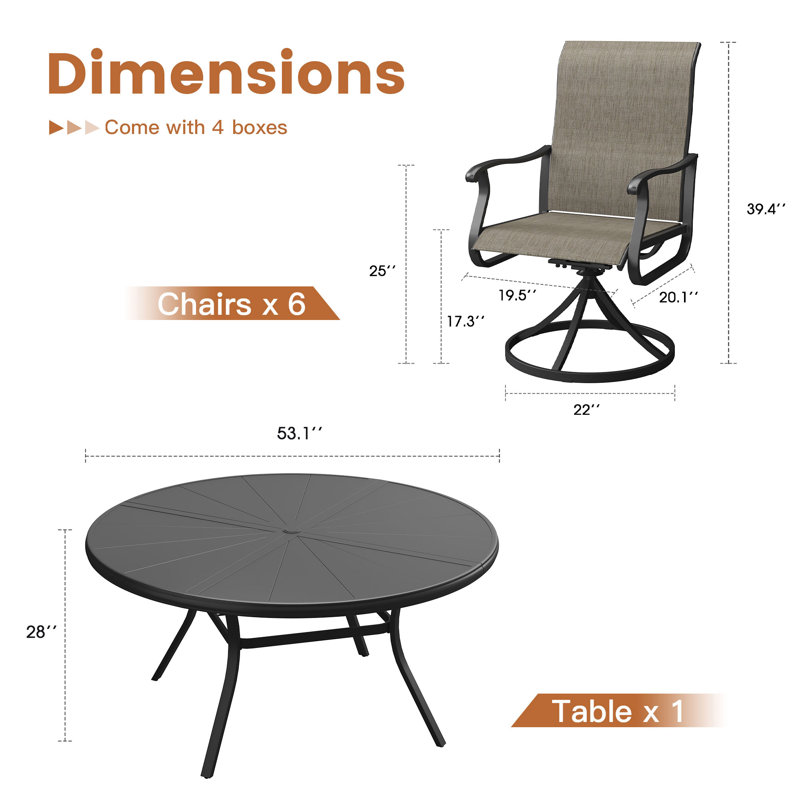 Aluminum Patio Dining Set with 53" Aluminum Round Dining Table and 6 PVC-coated polyester Swivel Dining Chairs, Black/Brown
