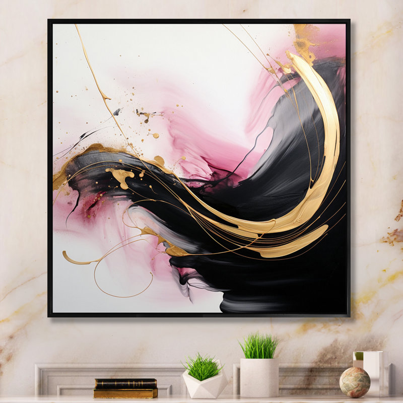 Abstrait, vague d'or rose et noir I - art abstrait sur toile, H 36 po x l 36 po x P 1,5 po, Cadre flottant noir