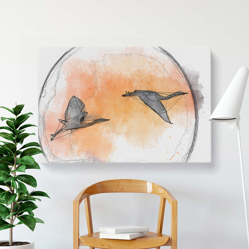 Two Heron Birds In Flight In Abstract - Wrapped Canvas Print, 60cm H x 91cm W x 3cm D