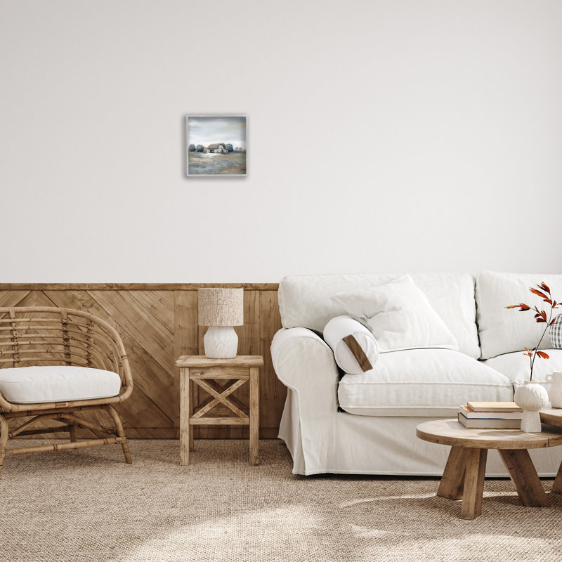 Neutral Tones Countryside Barn Landscape Canvas Print with Gray Frame