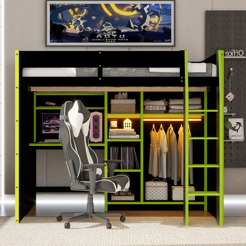 Lit mezzanine en bois avec bureau, Vert