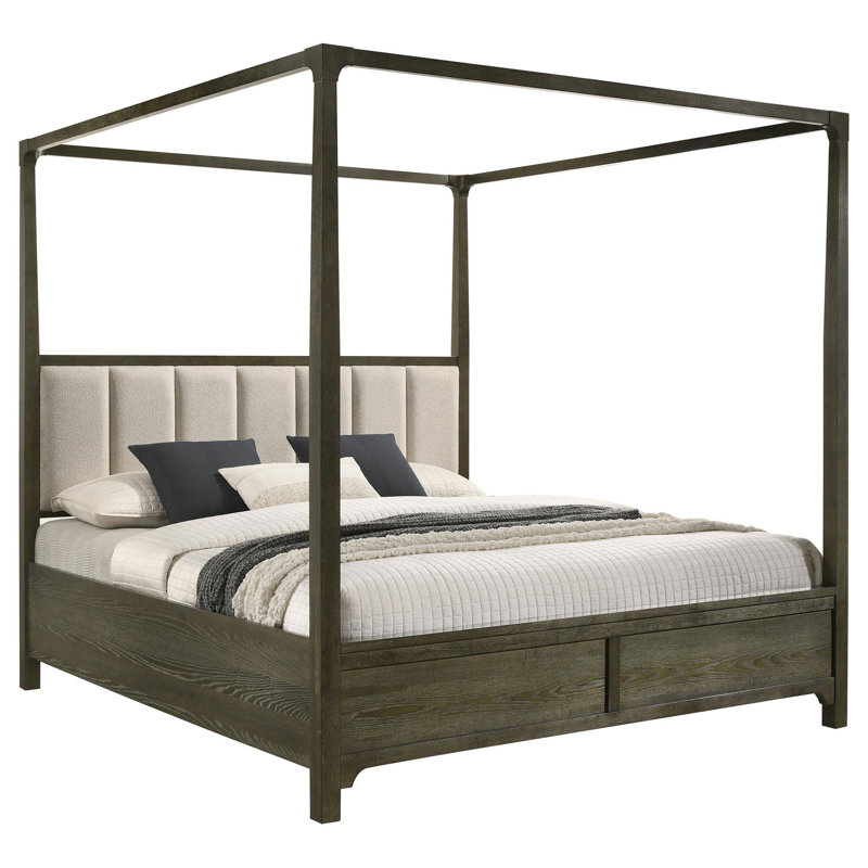 Seon Canopy Bed W 4 Posters, Ivory Upholstery, Dark Cocoa Brown, California King