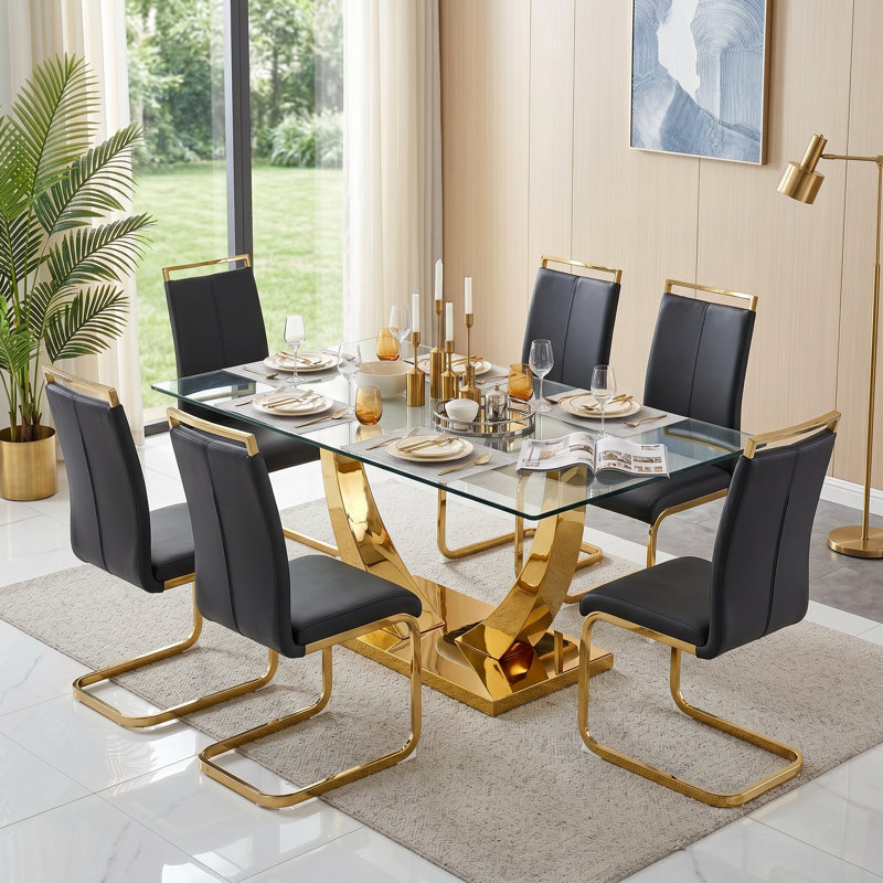 Amari Modern Faux Leather Cantilever Dining Chairs with Metal Base, Gold, Black