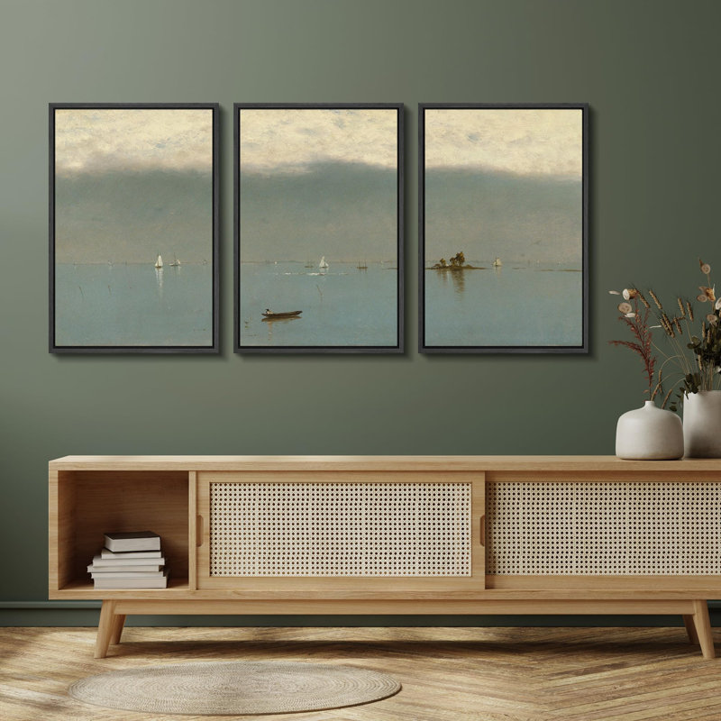 Sailboat " Peaceful Lake Scenery Sailboat Nature Landscape Illustrations Modern Art Decor Rustic " 3 - Pieces, Noir