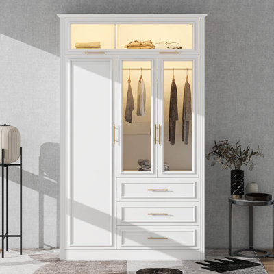 Armoire-penderie moderne avec éclairage DEL, portes en verre, tiroirs, poignées dorées