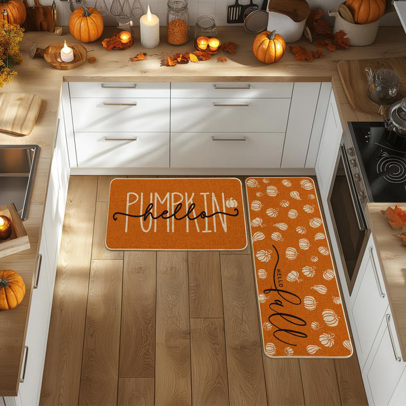 Ensemble de 2 tapis de cuisine orange à motif citrouille Hello, Orange Home Decor