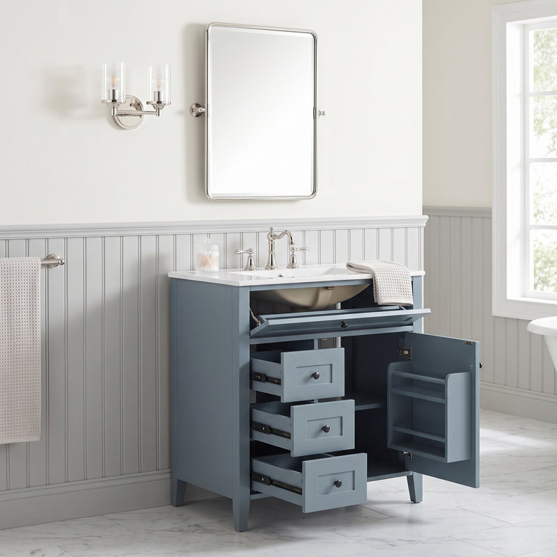 Meuble-lavabo autoportant de 76 cm (30 po) en MDF et bois d'hévéa bleu avec lavabo, 3 tiroirs et tablette ajustable, Bleu
