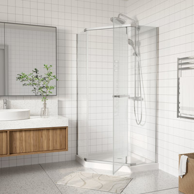 Cabine de douche d'angle sans cadre, 91,4 cm (P) x 91,4 cm (L) x 182,9 cm (H), cabine de douche néo-angle à largeur ajustable, porte pivotante en verre trempé transparent de 6,35 mm, finition chromée, receveur non inclus