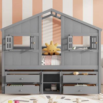 Full Size Pine Wooden House Loft Bed With Roof, Windows, 4 Storage Drawers, Safety Guardrails, And Ladder In Grey