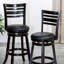 Tabouret pivotant à dossier à lattes de 24 po de hauteur comptoir, finition espresso, siège en cuir noir-1868823611