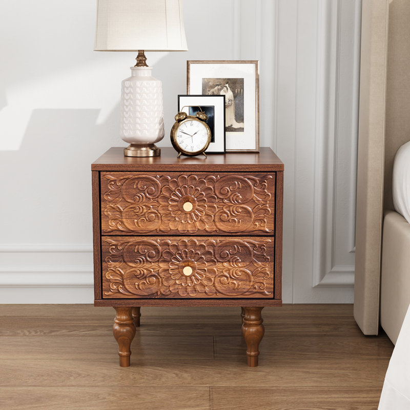 18.14'' Tall 2 Drawer Farmhouse Embossed Nightstands, Walnut
