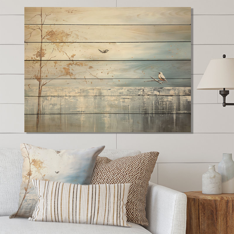 Motif de fleurs dorées et bleues au printemps III - Oiseau sur arbre sur bois, H 10 po x l 20 po