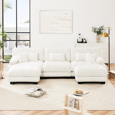 Chenille Fabric Living Room - Oversized U Shaped Cloud Couch With 2 Ottomans, Deep Seat Elegant White For Room, Soft Touch