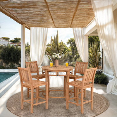 Teak Wood Bistro Bar Set Including Round Orleans Bar Table And Abacho Barstools