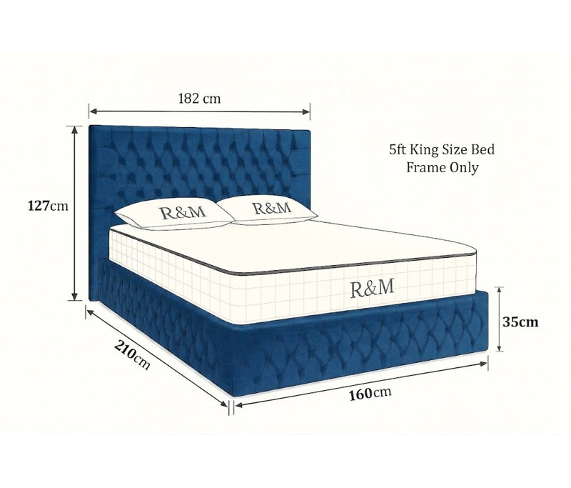 Chesterfield Upholstered Winged Bed Frame, 5FT( King Bed), Sapphire Blue, Plush Velvet