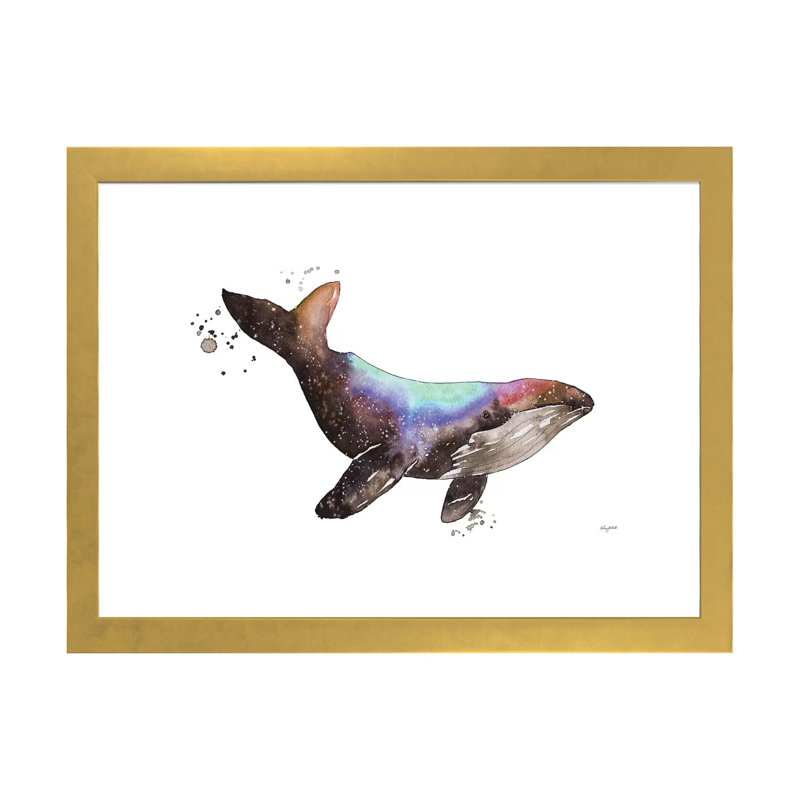 " Galaxy Whale " by Kelsey McNatt, 24" H x 32" W x 1" D, Gold Framed Paper, White