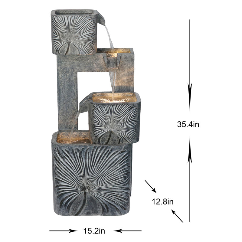 Modern Gray Concrete Tiered Outdoor Fountain with LED Lights