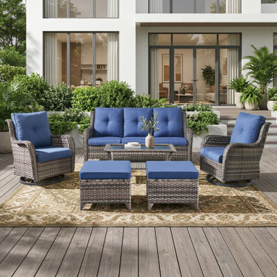 Deeominia 6-Piece All-Weather Wicker Rattan Patio Conversation Set With Swivel Gliders And Ottomans