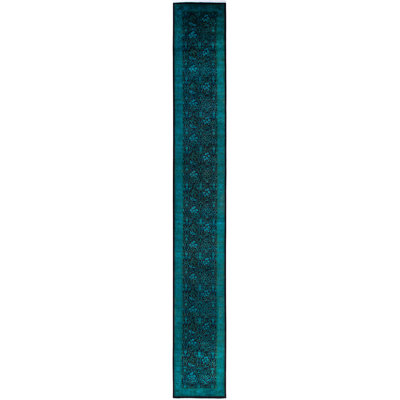 Tapis de couloir vert moderne et contemporain en laine nouée à la main 2 pi 7 po x 20 pi 2 po Collett