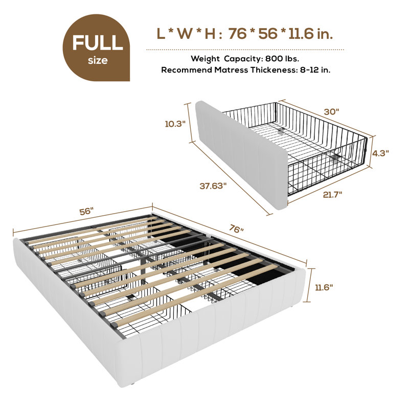Modern Channel‑Tufted Upholstered Platform Storage Bed With 4 Locking Drawers, Full, White