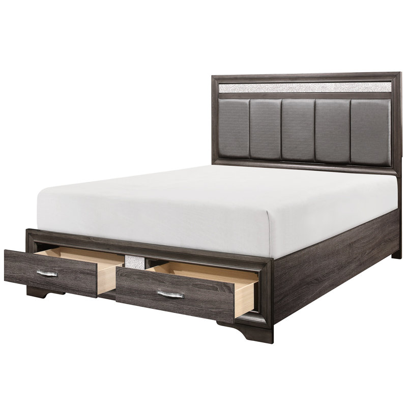 Grand lit plateforme avec rangement à finition pailletée grise et argentée, tête de lit tapissier en similicuir, décorations, chambre à coucher incluse