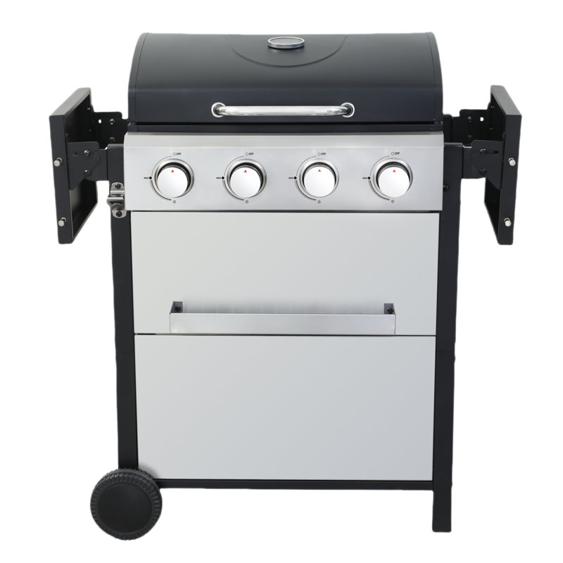 Barbecue portatif au gaz propane à 4 brûleurs avec grilles de cuisson en émail, table d'appoint pliable