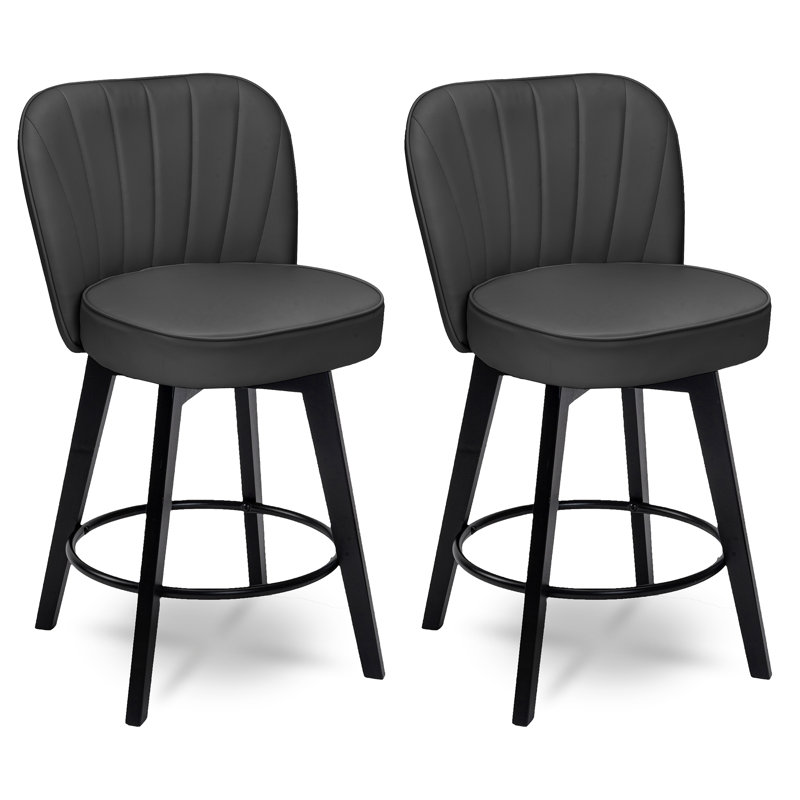 MINCETA 360° Swivel Bar Stools Set of 2, 26 Inch Counter Height Bar Stool with Shell Backrest, PU Leather Upholstered Bar Chair with with Footrest, for Kitchen Island, Home Bar, Dark Gray