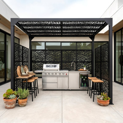 9.8'X7.9' Metal Pergola & 4 Pcs Metal Privacy Screen Fence Panel, Steel Frame Patio Pavilion For Outdoor Backyard Garden