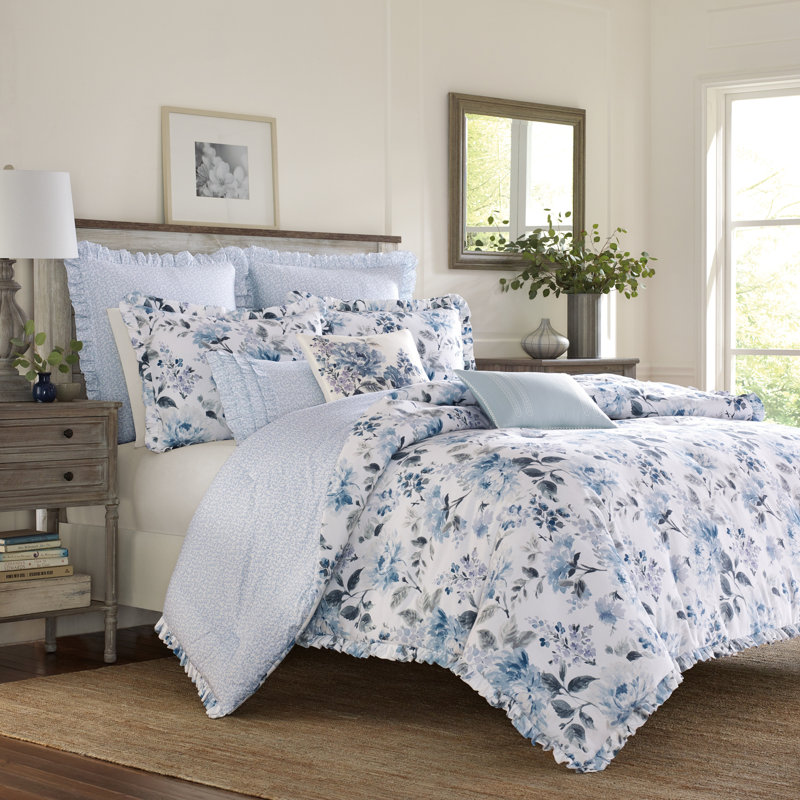 Laura Ashley Chloe Blue Cotton Comforter Set Full/Queen Comforter Shams