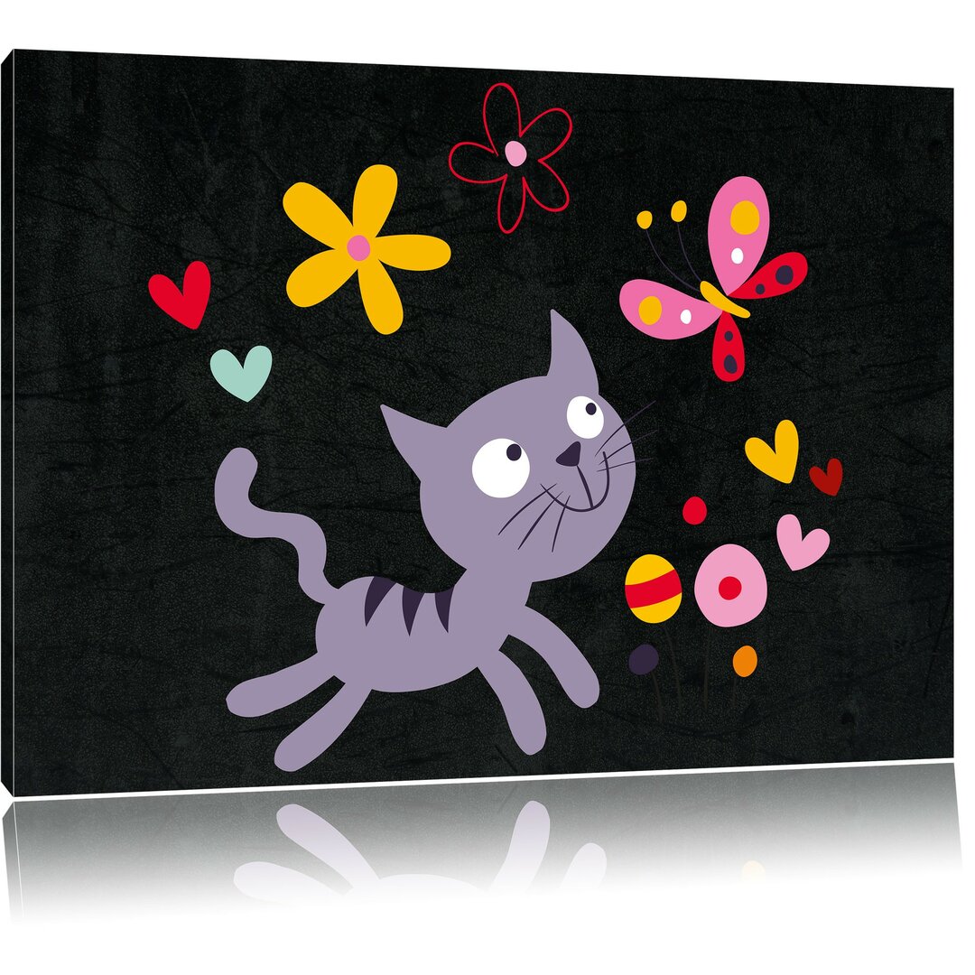 Leinwandbild Katze mit Schmetterling und Blumen in Schwarz/Lila