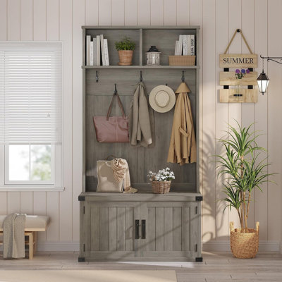 Très grand arbre d'entrée 40 "avec banc et rangement pour chaussures, tablettes réglables et compartiment à bottes, 5 portemanteaux