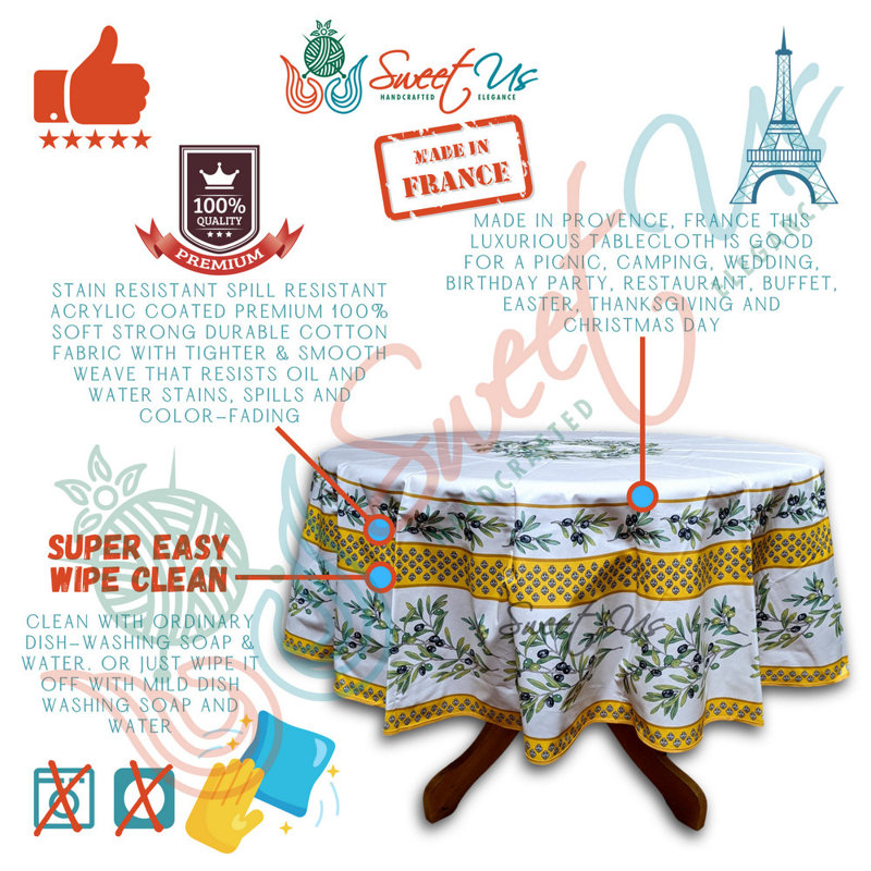Nappe ronde de 71 po en coton floral français résistant aux taches, Jaune